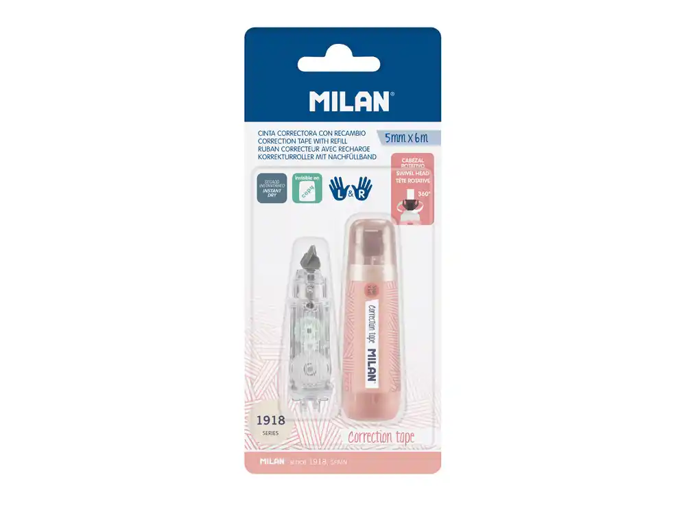 [174245] Cinta correctora milan 5 mm x 6 m coleccion 430 since 1918 rosa blister de 1 unidad + 1 recambio