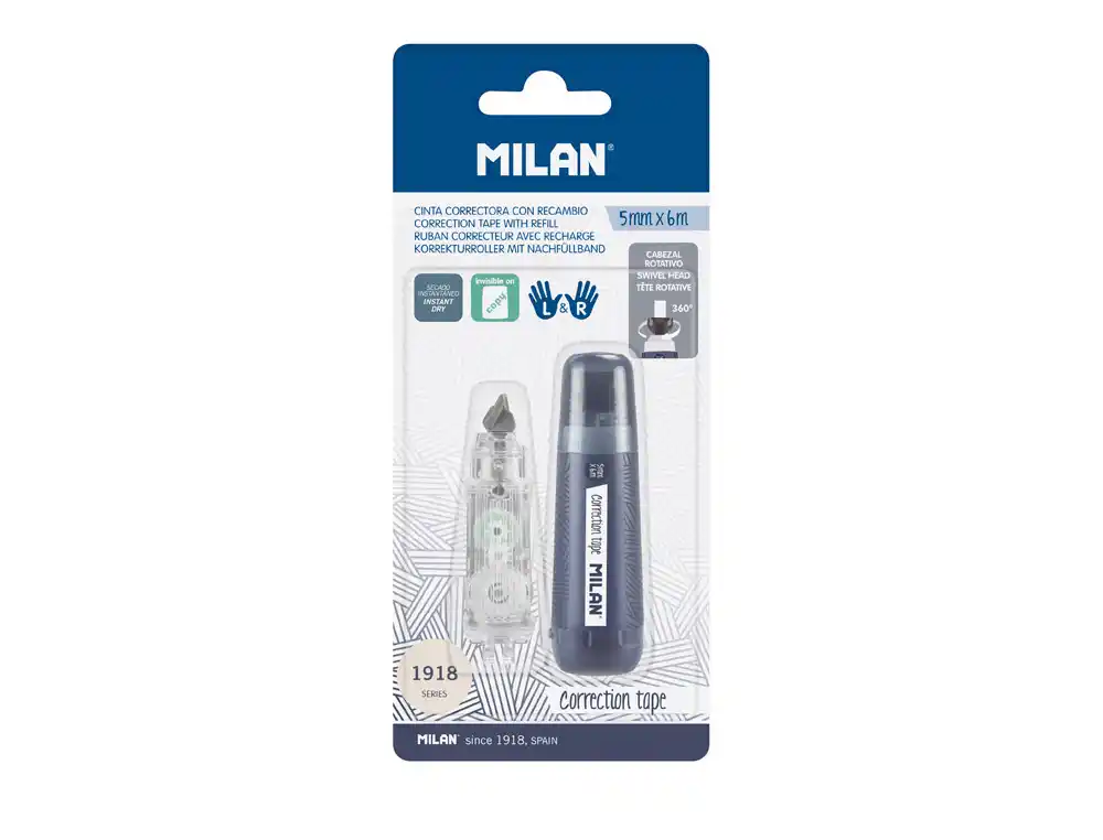 [174244] Cinta correctora milan 5 mm x 6 m coleccion 430 since 1918 azul marino blister de 1 unidad + 1 recambio