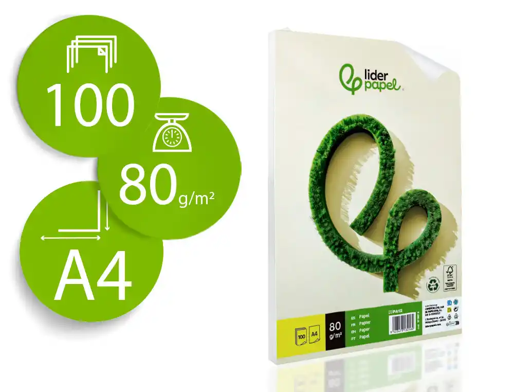 [173972] Papel liderpapel din a4 80 gr reciclado liso paquete de 100 hojas