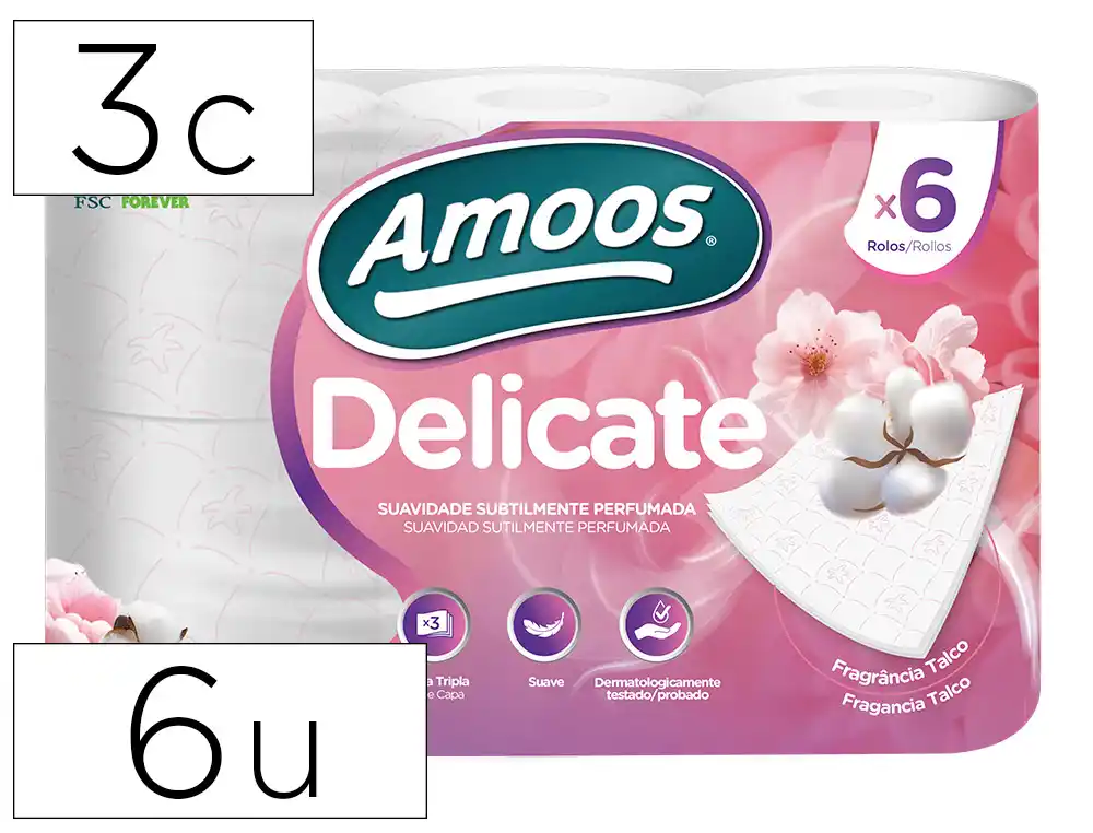 [173753] Papel higienico amoos delicate 3 capas color blanco paquete de 6 rollos 20 m