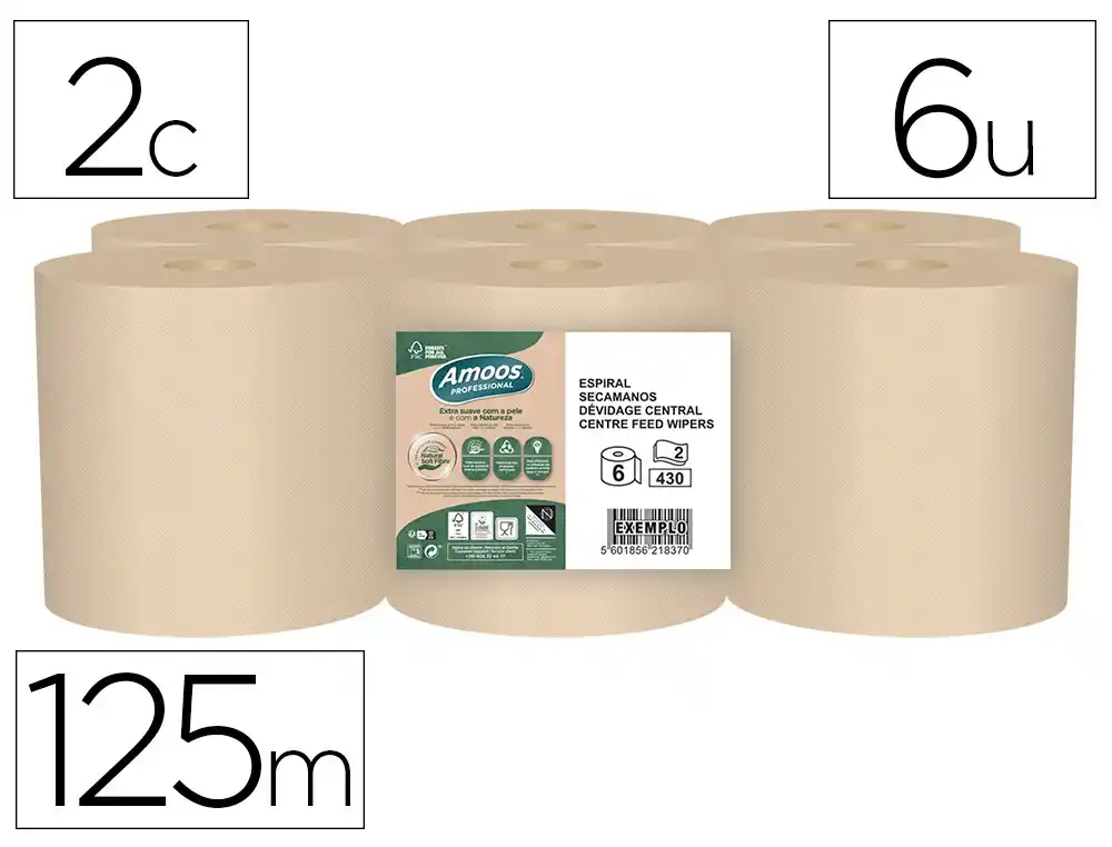 [173750] Papel secamanos amoos naturally soft 2 capas pasta cruda paquete de 6 rollos 125 m
