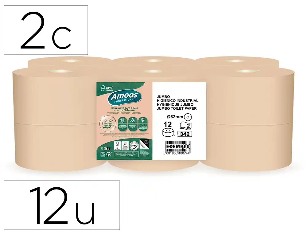 [173749] Papel higienico amoos naturally jumbo professional 2 capas pasta cruda paquete de 12 rollos 120 m