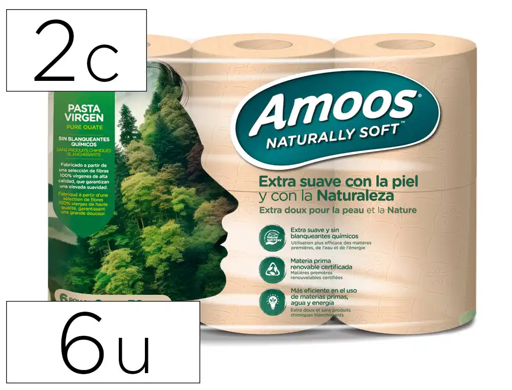[173748] Papel higienico amoos naturally soft 2 capas pasta cruda paquete de 6 rollos 32 m
