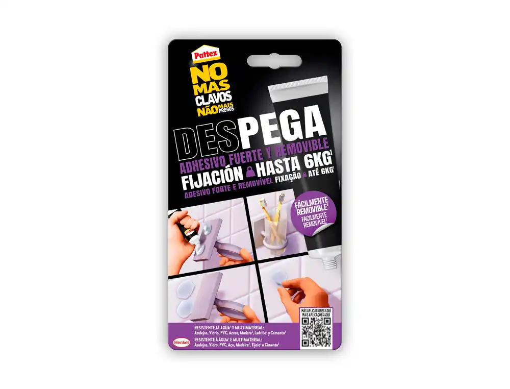 Adhesivo pattex pega despega no mas clavo hasta 6 kg blister de 12 unidades