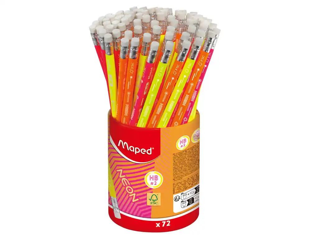 [173416] Lapiz de grafito maped neon con goma hb bote de 72 unidades colores surtidos