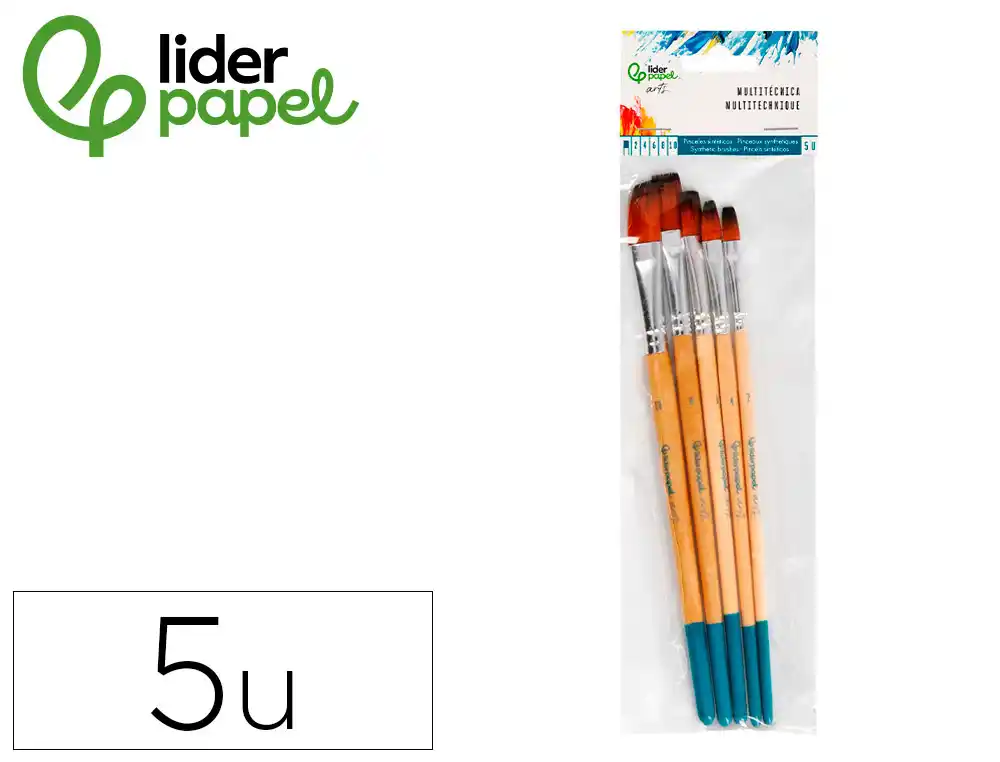 [173059] Pinceles sinteticos liderpapel punta plana bolsa de 5 unidades tamaños surtidos certificado fsc