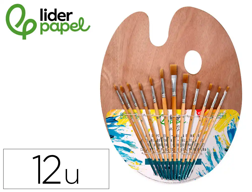 [173057] Pinceles sinteticos liderpapel pack de 12 unidades con puntas y tamaños surtidos + paleta de madera
