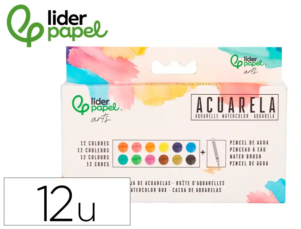 Acuarela liderpapel 12 colores con pincel de agua rellenable y esponja estuche de plastico