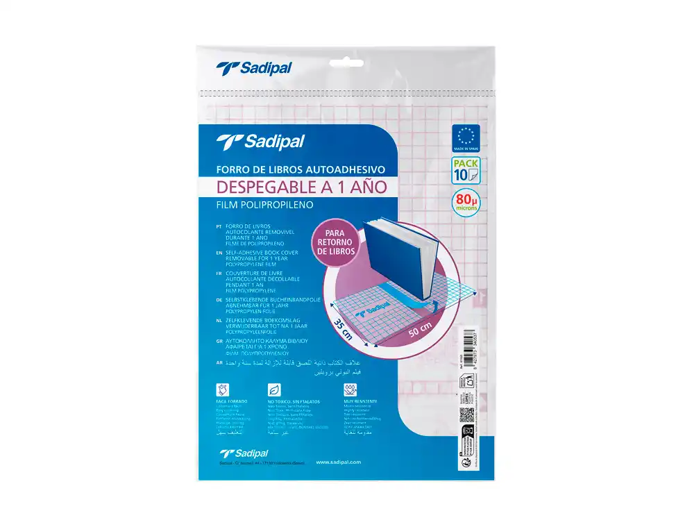[172690] Forralibro adhesivo para libros sadipal desplegable 1 año 80 mc 50x35 cm pack de 10 unidades