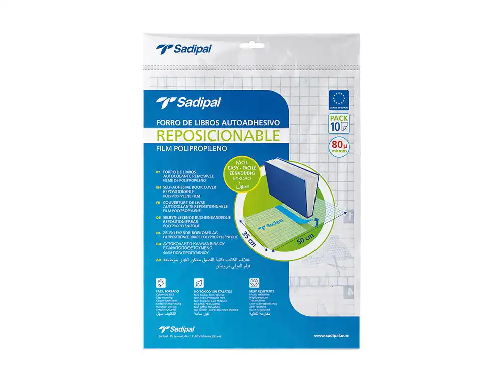 [172689] Forralibro adhesivo para libros sadipal reposicionable 80 mc 50x35 cm pack de 10 unidades