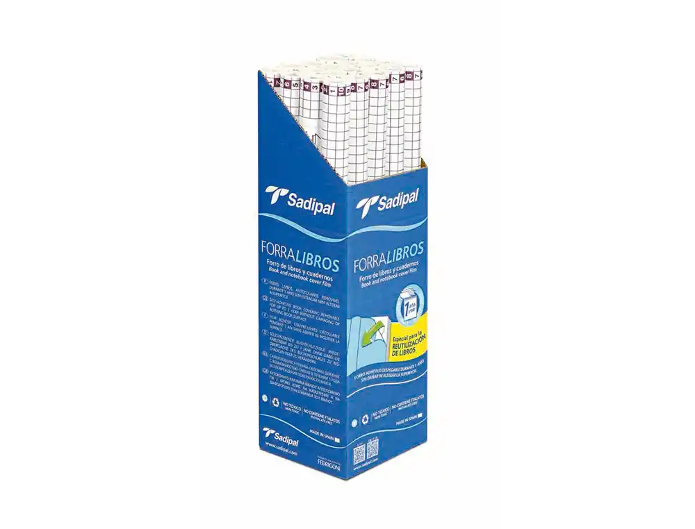 [172688] Rollo plastico adhesivo sadipal 0.50x1.50 m 50 mc forralibros removible 1 año