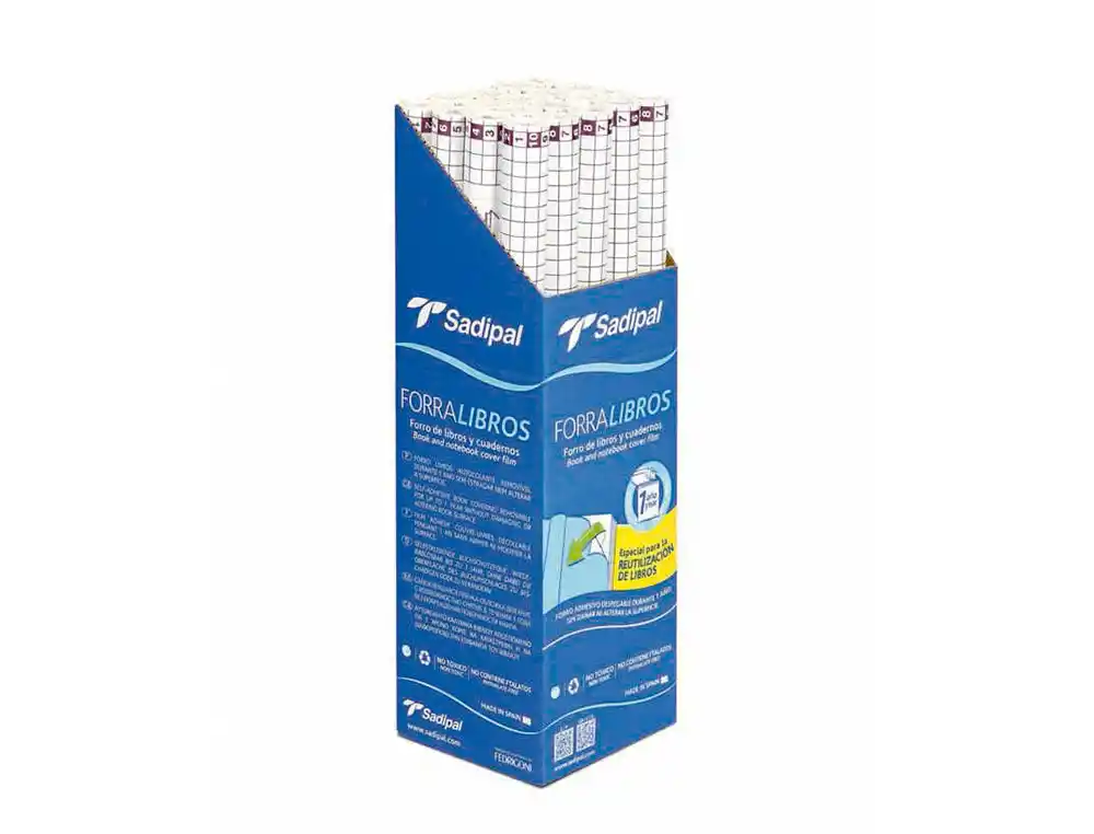 [172687] Rollo plastico adhesivo sadipal 0.33x1.50 m 50 mc forralibros removible 1 año