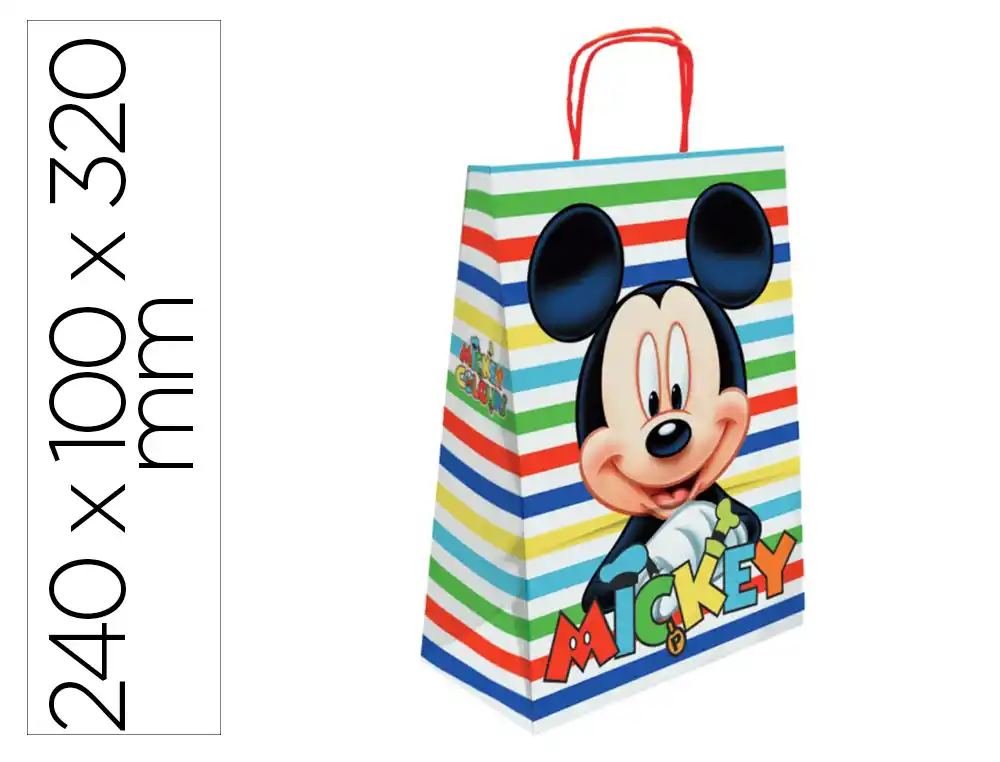 [172640] Bolsa para regalo basika papel celulosa 90 g mickey con asa retorcida tamaño s 240x100x320mm