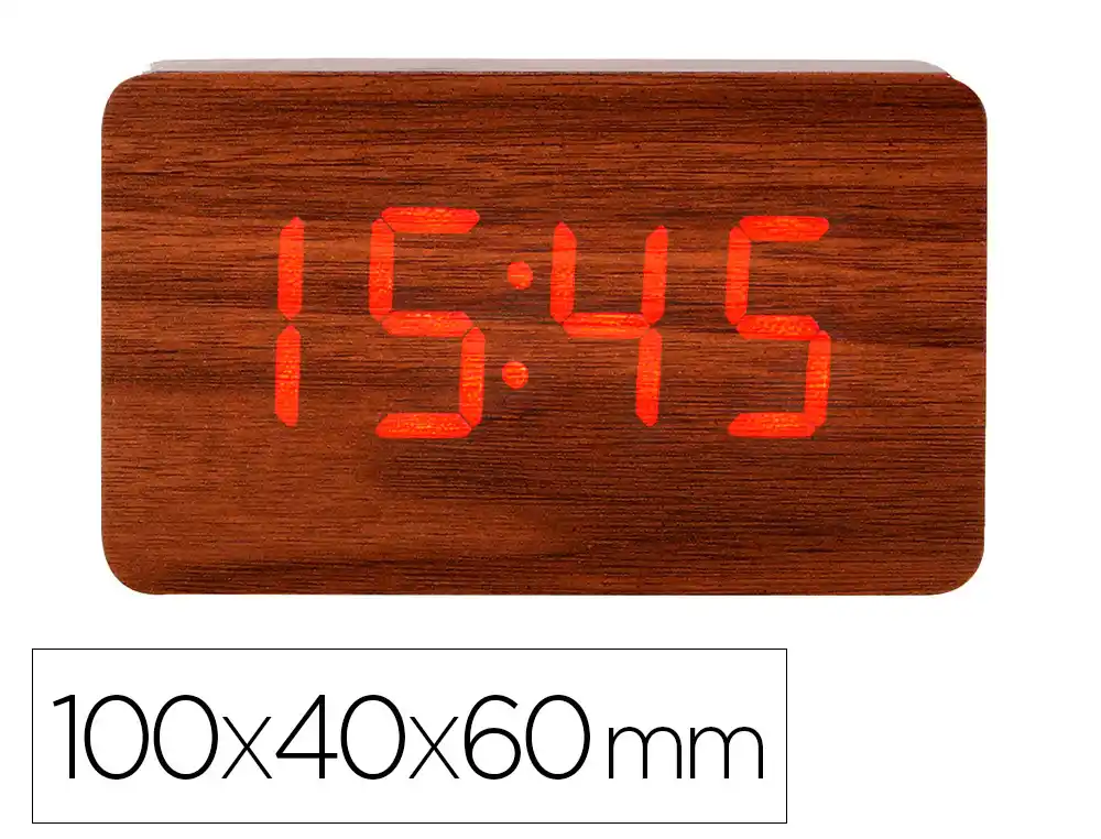 [172566] Reloj q-connect sobremesa digital acabado madera luz roja 100x40x60mm