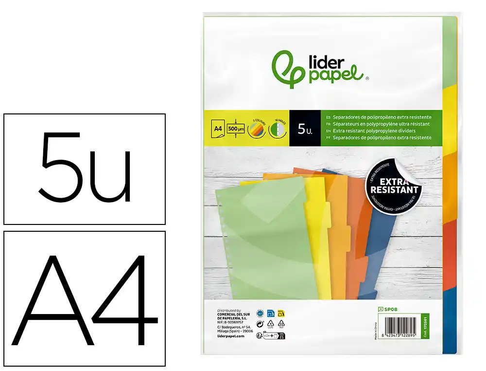 [172561] Separador liderpapel polipropileno juego de 5 separadores a4 multitaladro 500 micras
