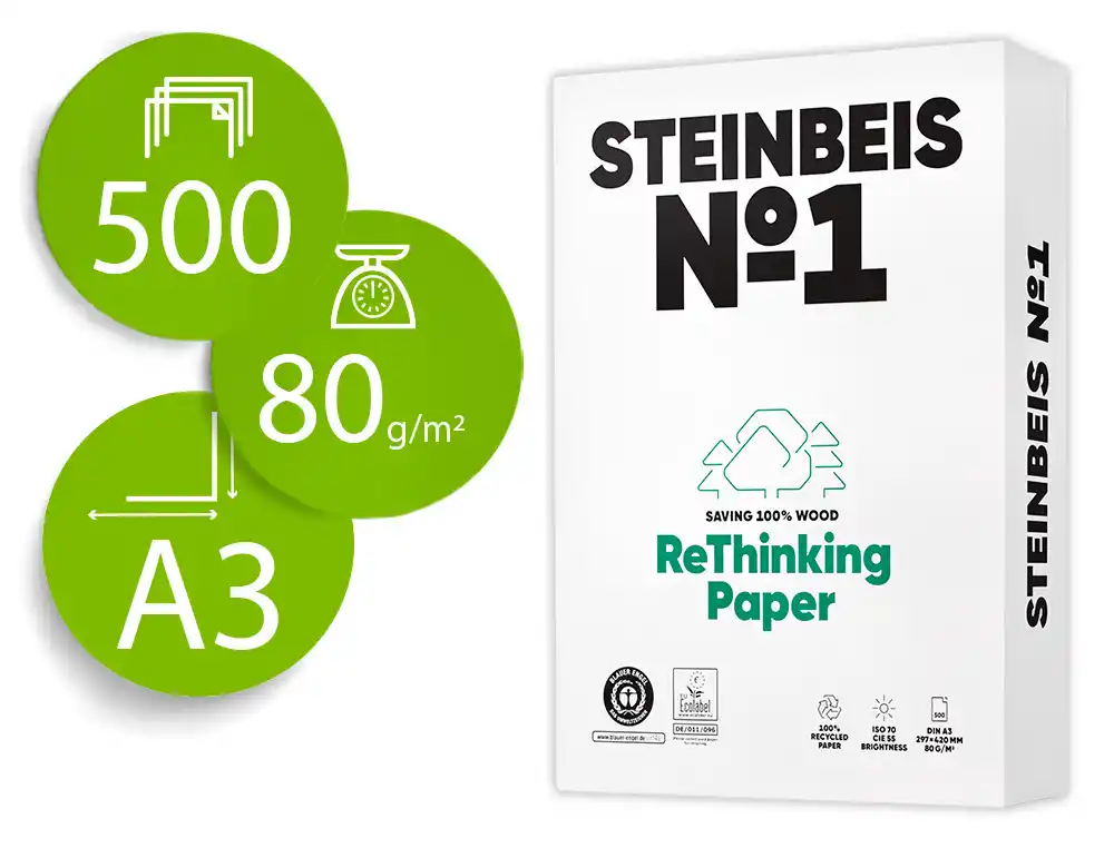 [172487] Papel fotocopiadora steinbeis n.1 100% reciclado din a3 80 gramos paquete de 500 hojas