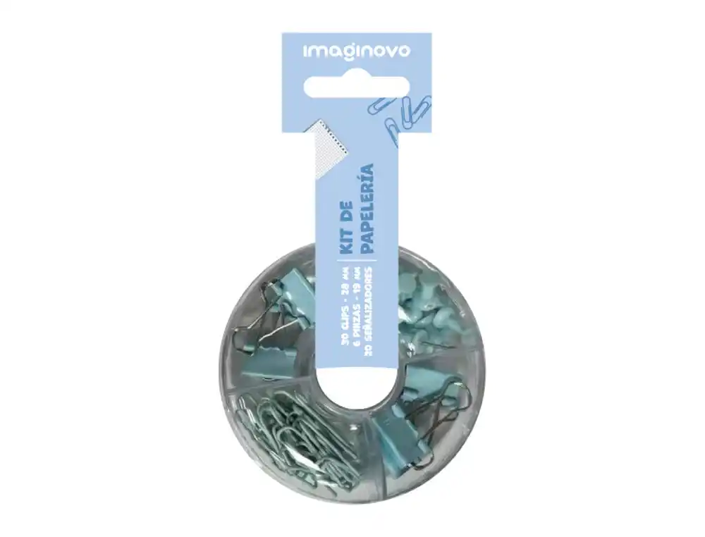 [172282] Set de papeleria imaginovo con clips 28mm pinzas 19mm y chinchetas azul