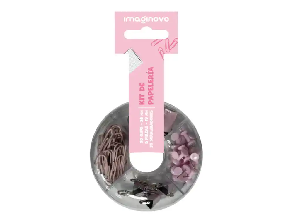 [172281] Set de papeleria imaginovo con clips 28mm pinzas 19mm y chinchetas rosa