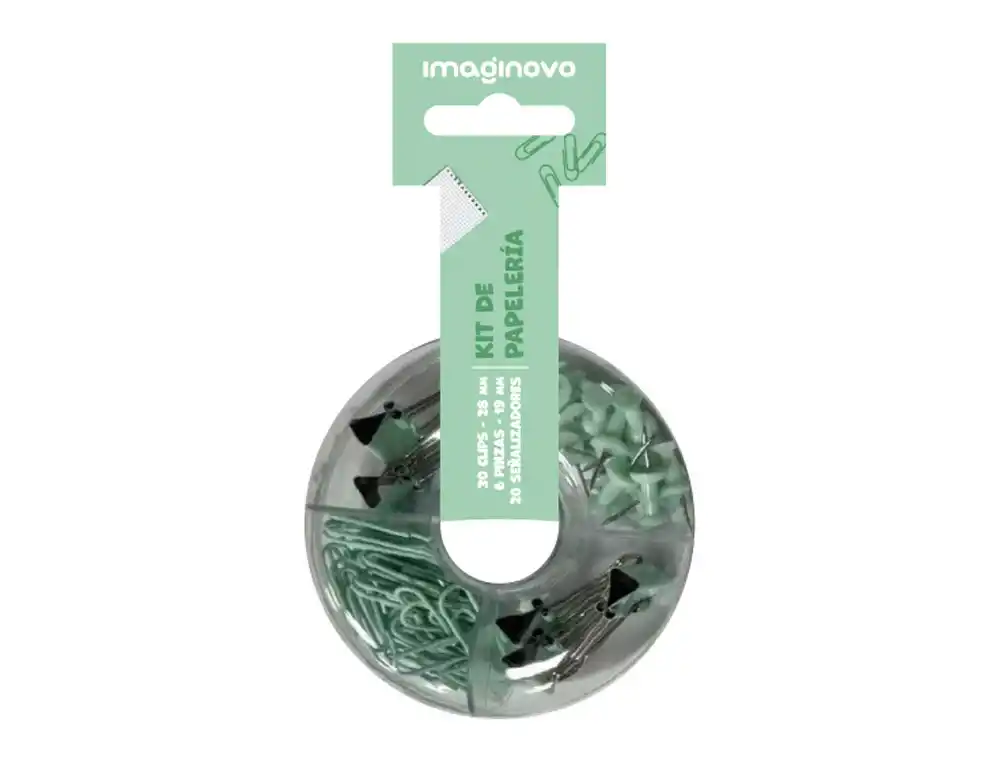 [172280] Set de papeleria imaginovo con clips 28mm pinzas 19mm y chinchetas verde