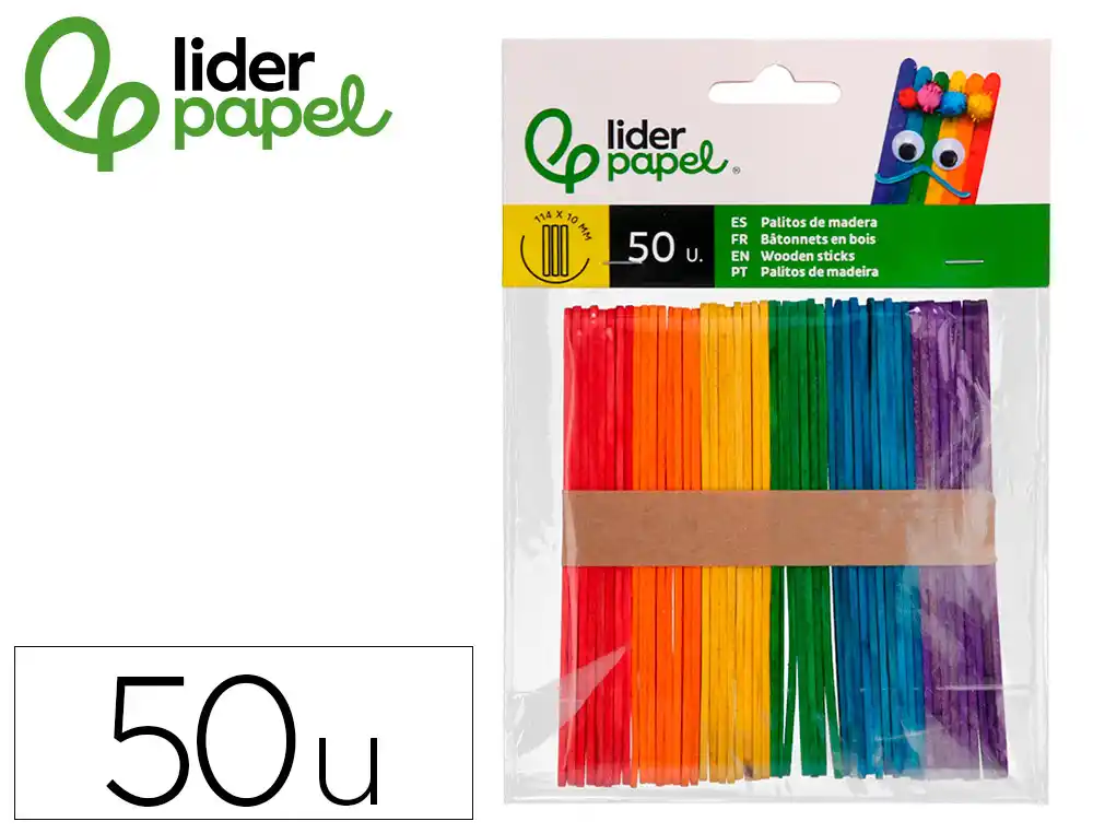 [172193] Palillo de madera liderpapel colores surtidos 11,4x1 cm bolsa con 50 unidades