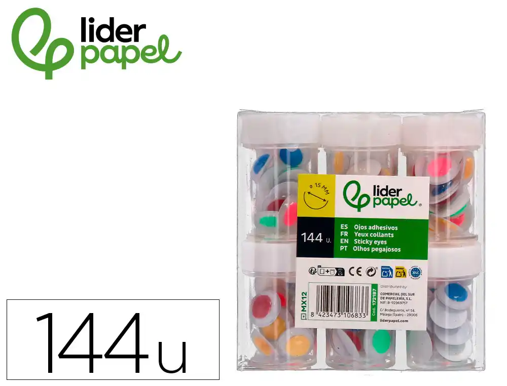 [172187] Ojo liderpapel 15 mm blanco con pupila de colores surtidos pack de 144 unidades