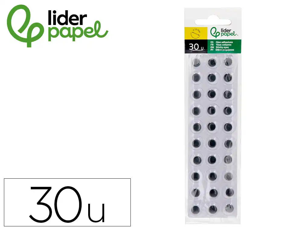 [172186] Ojo adhesivo liderpapel 12 mm blanco con pupila negra pack de 30 unidades