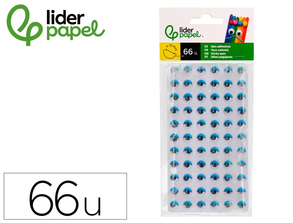 [172184] Ojo adhesivo liderpapel 10 mm con pupila negra y pestaña de color azul pack de 66 unidades