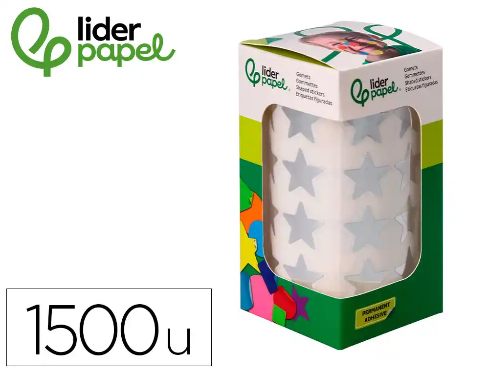 [172119] Gomets liderpapel autoadhesivo estrellas plateadas 20 mm 1500 unidades en caja de carton