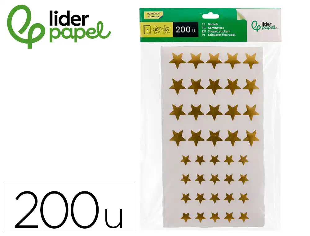 [172118] Gomets liderpapel autoadhesivo estrellas doradas surtidas bolsa de 5 hojas con 200 unidades