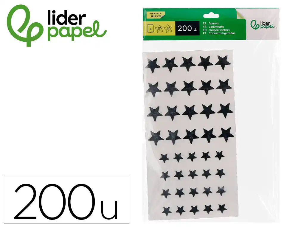 [172117] Gomets liderpapel autoadhesivo estrellas plateadas surtidas bolsa de 5 hojas con 200 unidades