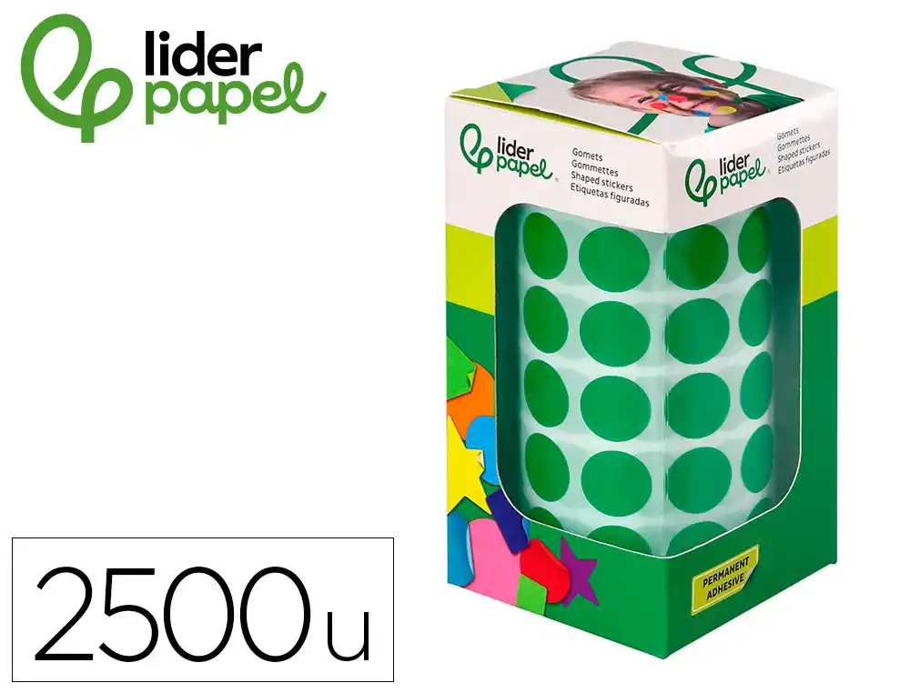[172109] Gomets liderpapel autoadhesivo circulos 15 mm verde rollo de 2500 unidades en caja de carton