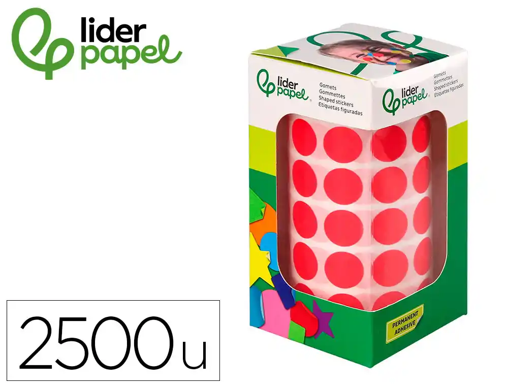 [172108] Gomets liderpapel autoadhesivo circulos 15 mm rojo rollo de 2500 unidades en caja de carton
