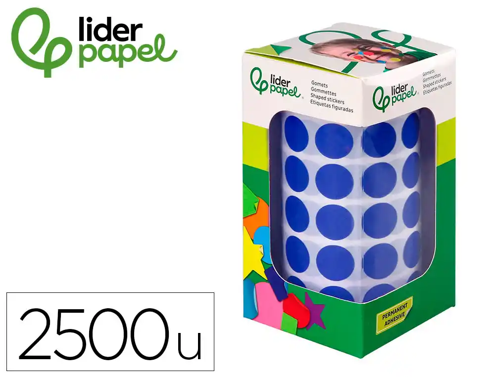 [172107] Gomets liderpapel autoadhesivo circulos 15 mm azul rollo de 2500 unidades en caja de carton
