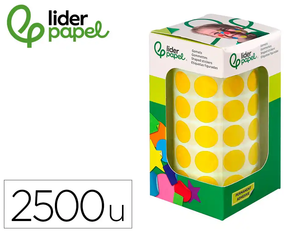 [172106] Gomets liderpapel autoadhesivo circulos 15 mm amarillo rollo de 2500 unidades en caja de carton