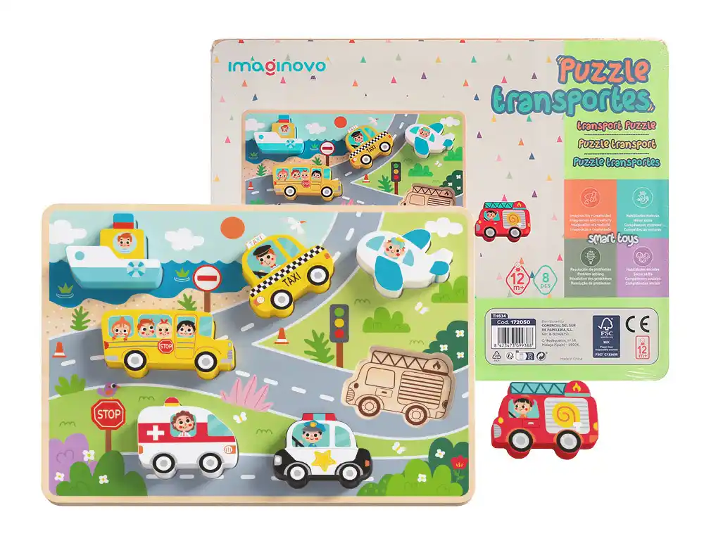 [172050] Puzle infantil imaginovo madera 3d vehiculos +12 meses 8 piezas 29,5x22x1,7cm