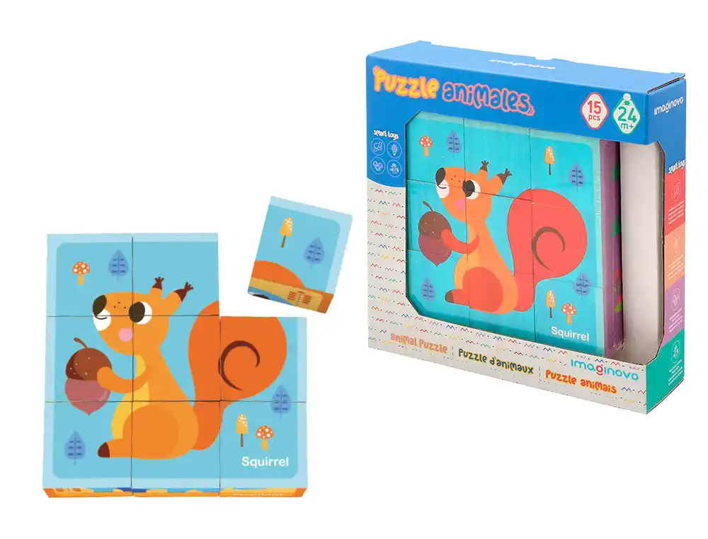 [172047] Puzle infantil imaginovo madera cubos de animales +24 meses 15 piezas incluye 12 patrones 22x22x6,4cm