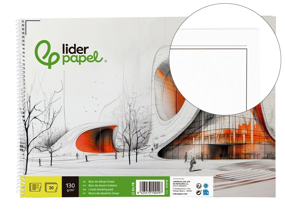 [171713] Bloc dibujo liderpapel lineal vanguardia espiral 230x325mm 20 hojas 130g/m2 con recuadro perforado
