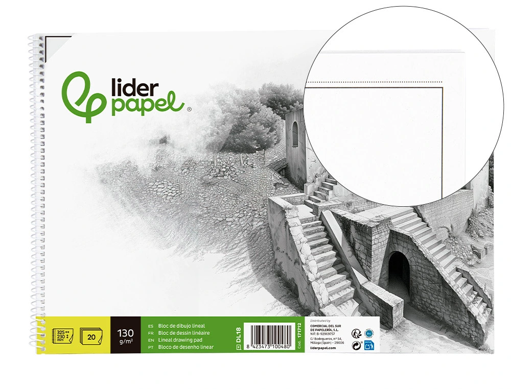 [171712] Bloc dibujo liderpapel lineal historico espiral 230x325mm 20 hojas 130g/m2 con recuadro perforado