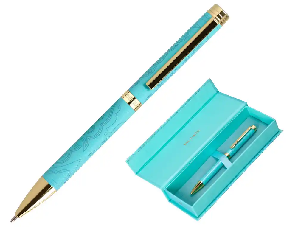 [171504] Boligrafo belius wild west aluminio color turquesa dorado tinta color azul caja de diseño