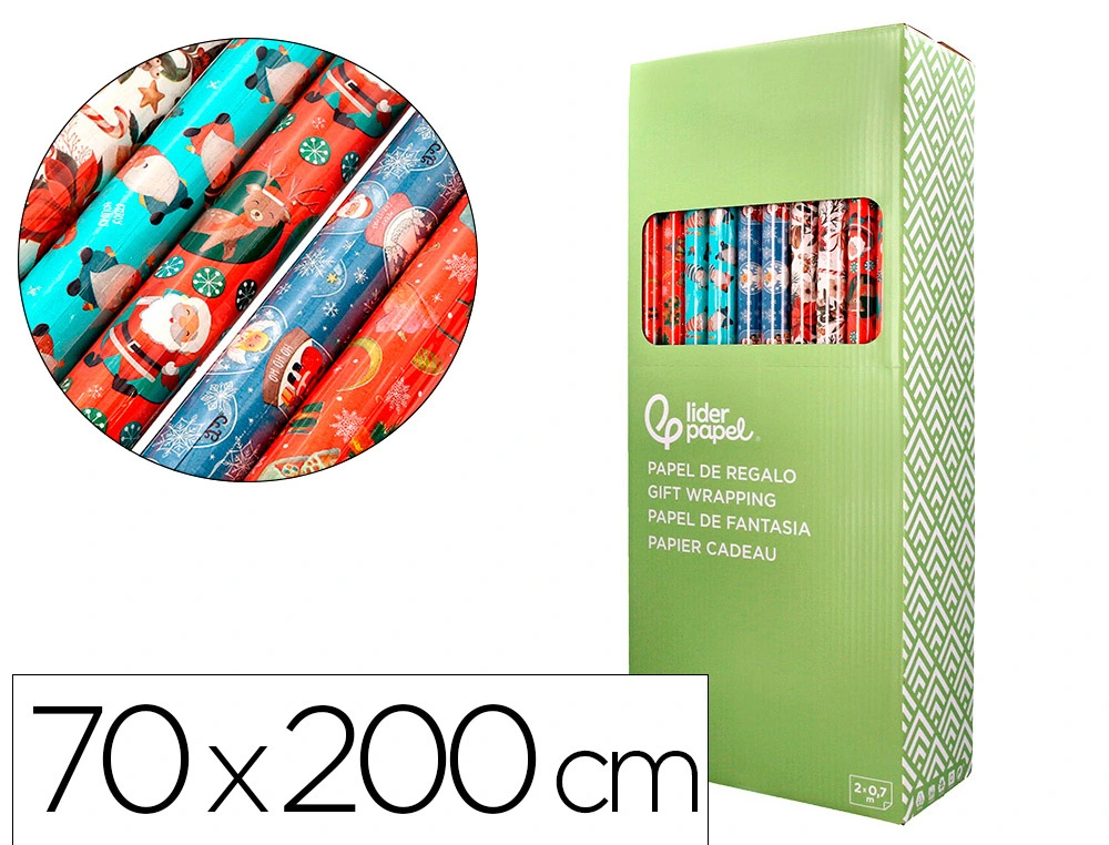 [171397] Papel de regalo liderpapel navidad rollo ancho 70 cm longitud 2 m gramaje 60 g diseños surtidos c-2025