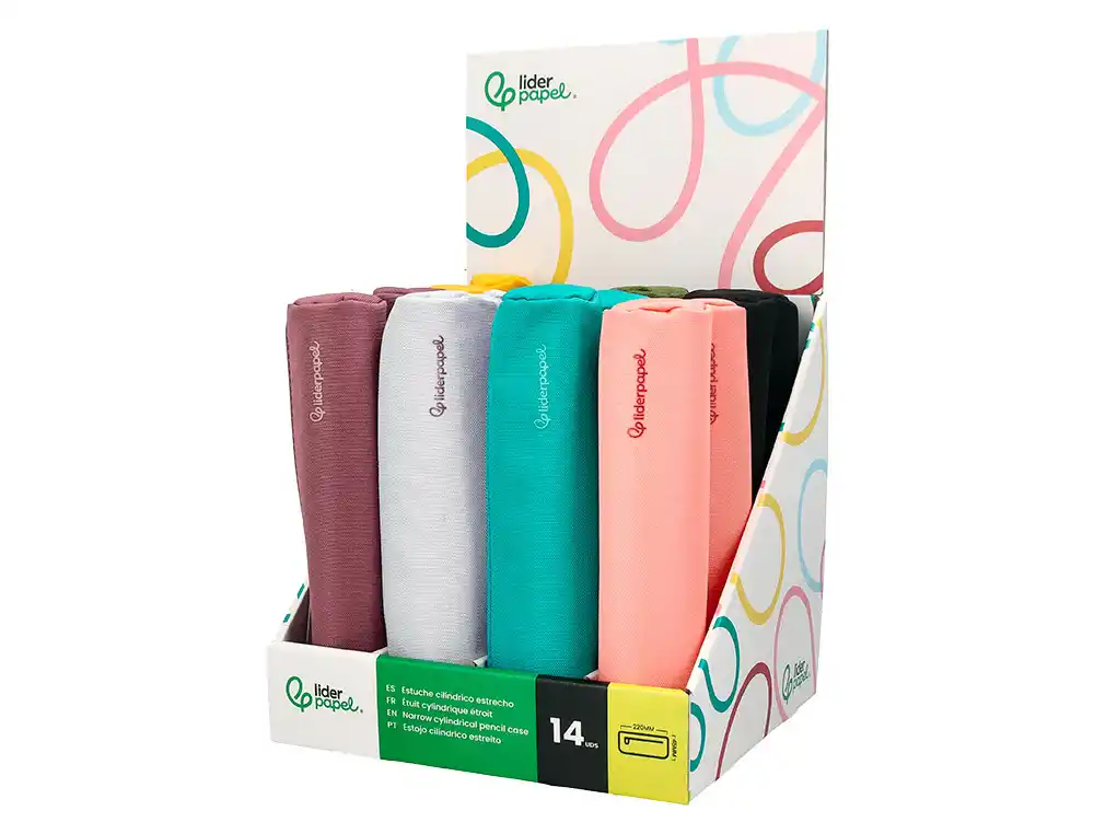 Estuche portatodo liderpapel slim cilindrico 220x45 mm expositor de 14 unidades colores surtidos