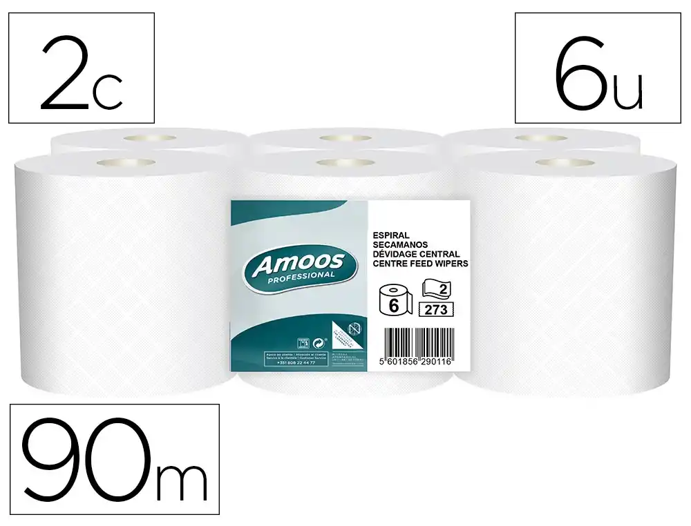 Papel secamanos amoos industrial 2 capas 32g/m2 blanco 90 m paquete de 6 rollos