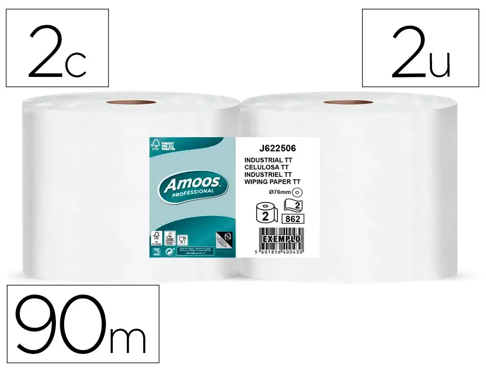 [171073] Papel secamanos amoos industrial 2 capas 32g/m2 paquete de 2 rollos
