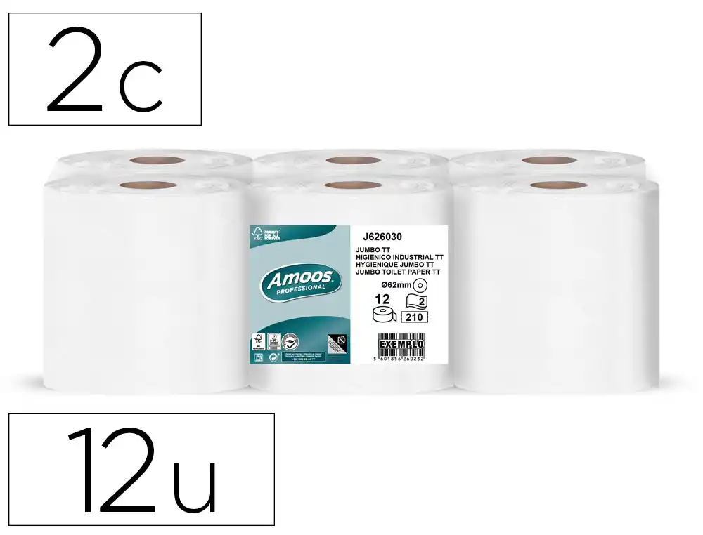 [171072] Papel higienico amoos jumbo industrial 2 capas 61 mts 30 g/m2 paquete de 12 rollos