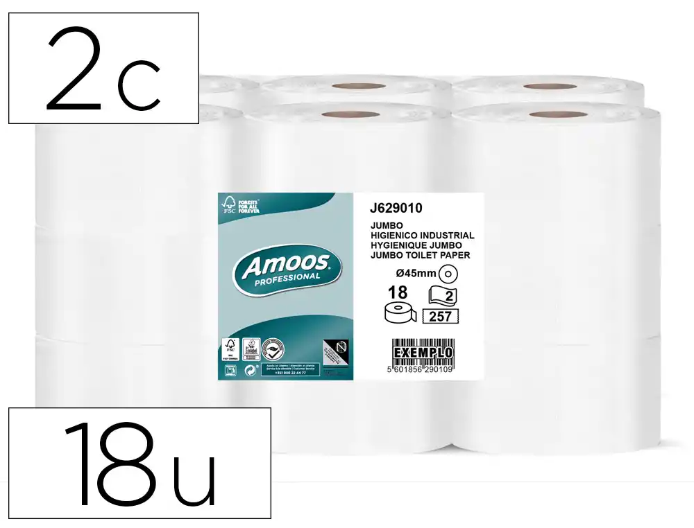 [171071] Papel higienico amoos jumbo industrial 2 capas 90 mts 30 g/m2 paquete de 18 rollos