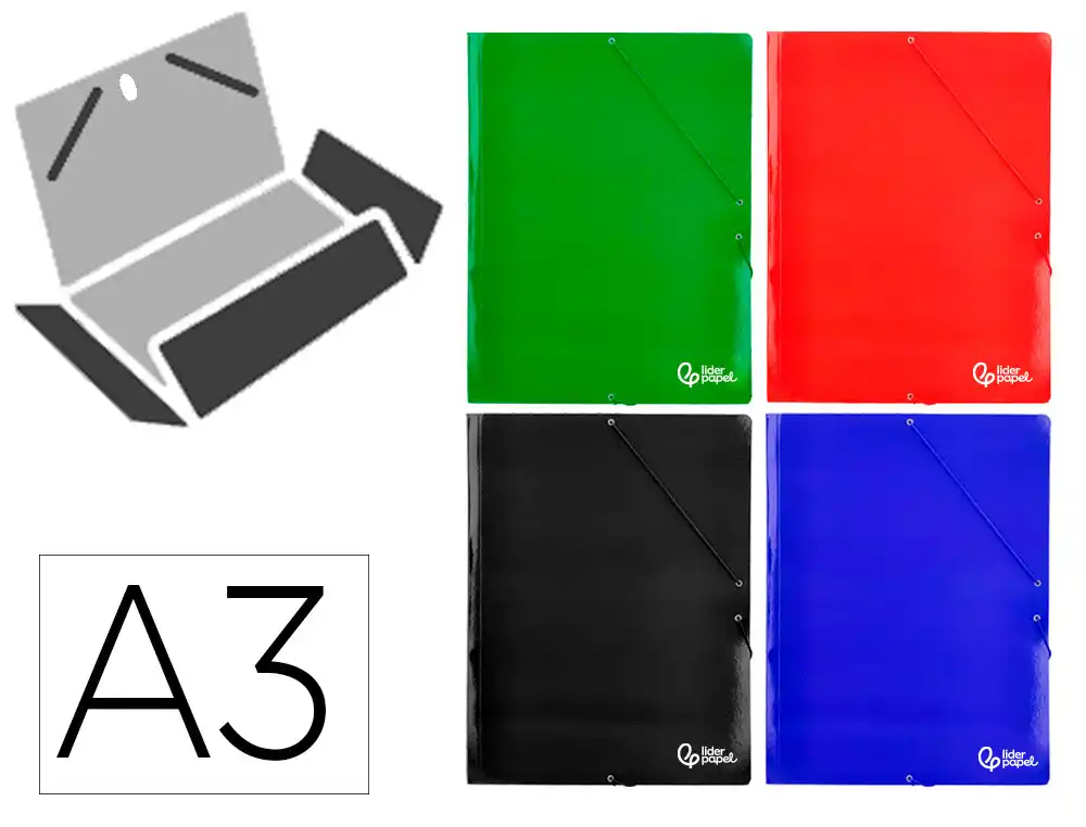 [171070] Carpeta liderpapel gomas tres solapas carton plastificado 800 gr din a3 colores surtidos