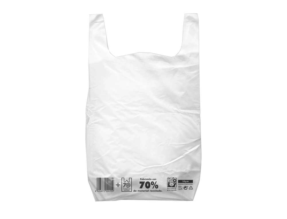[171039] Bolsa camiseta reciclada 70% blanca 42x53 cm reutilizable 1 kg paquete de 55 unidades