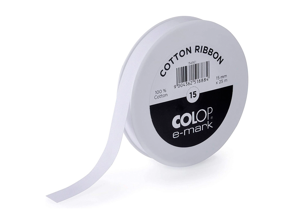 Cinta algodon colop ancho 15 mm para impresora e-mark rollo de 25 m