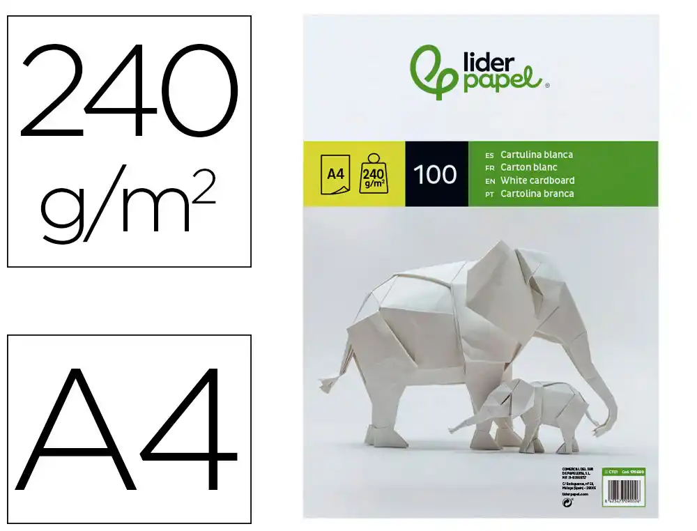 Cartulina liderpapel a4 240g/m2 blanco paquete de 100 hojas