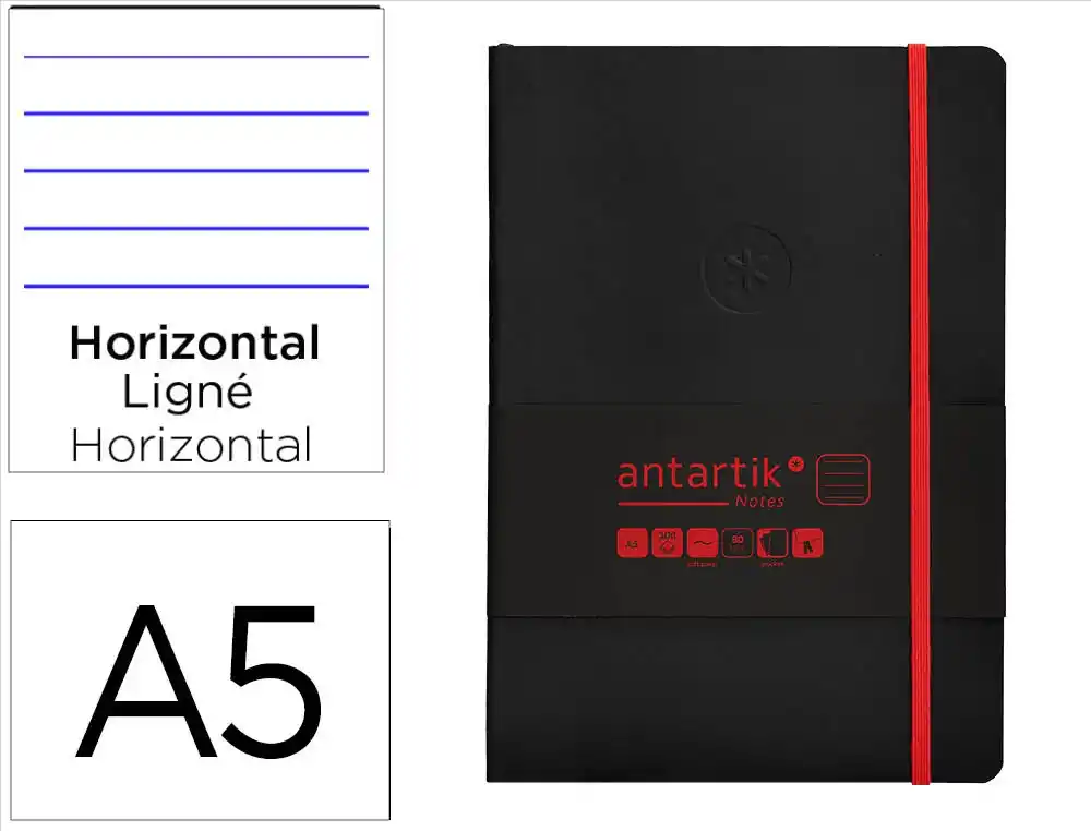 Cuaderno con gomilla antartik notes tapa blanda a5 hojas rayas negro y rojo 80 hojas 80 gr fsc